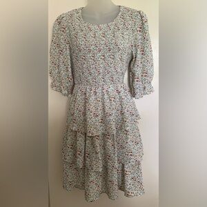 Ruffle Smocked Bodice Floral Chiffon Dress Size S
